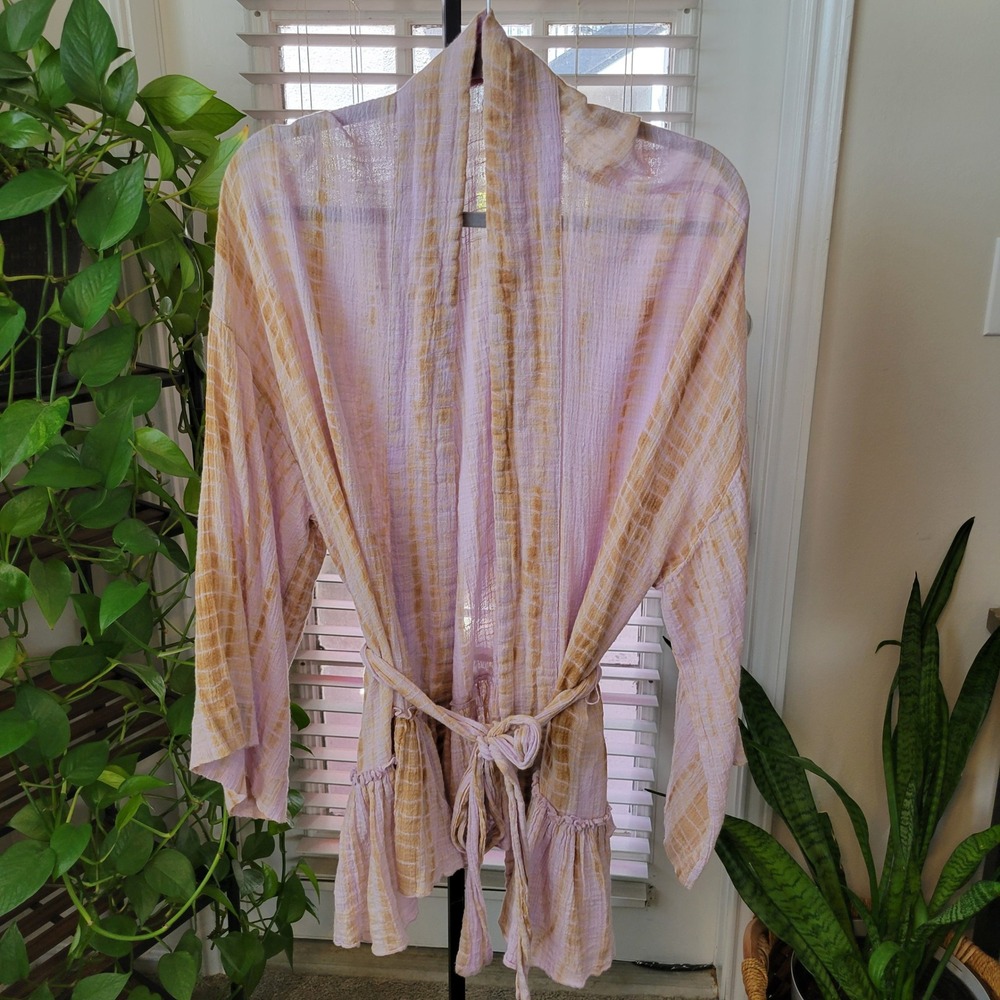 Free People FP One Tie Dye Ruffle Wrap Kimono Top Lavender Mustard M/L